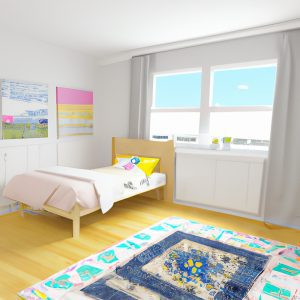 a kid's bedroom with a colourful rug