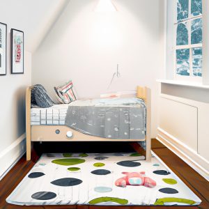 a spotted rug inside a modern kid's bedroom