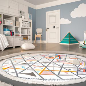 a geometric rug inside a kid's room