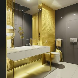 a modern bathroom with a golden touch