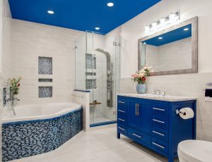 a blue-themed bathroom for a coastal theme