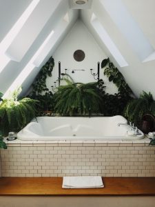white bathroom surrounded by plants