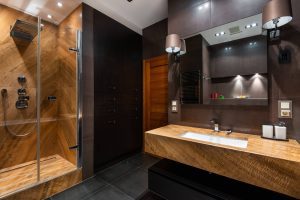 Modern bathroom with wooden elements